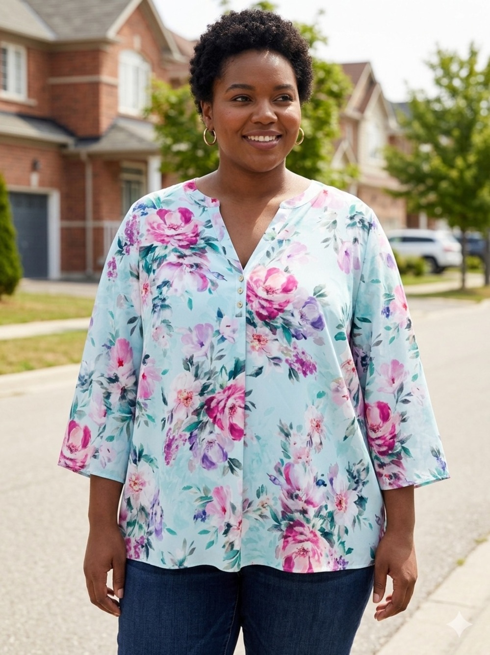 Laura Plus Floral Split-Neck Blouse in Light Aqua